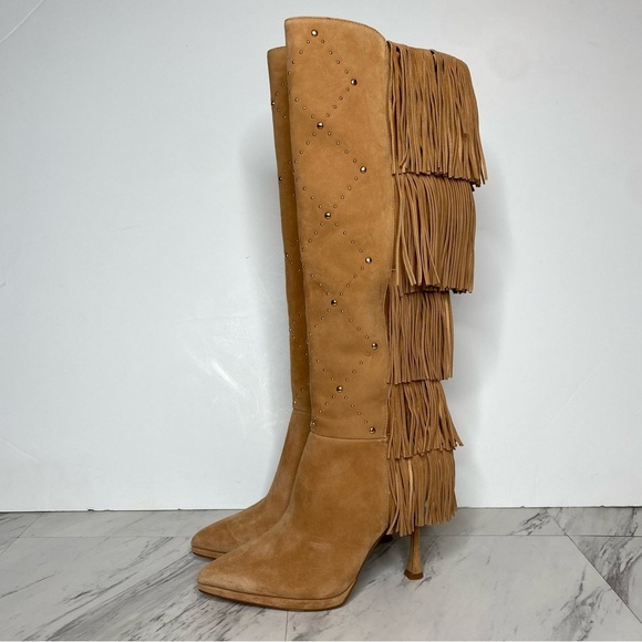 Vince Camuto Panaryaz Light Brown Suede Fringe Embellished Tall Boot 7M - Picture 15 of 15